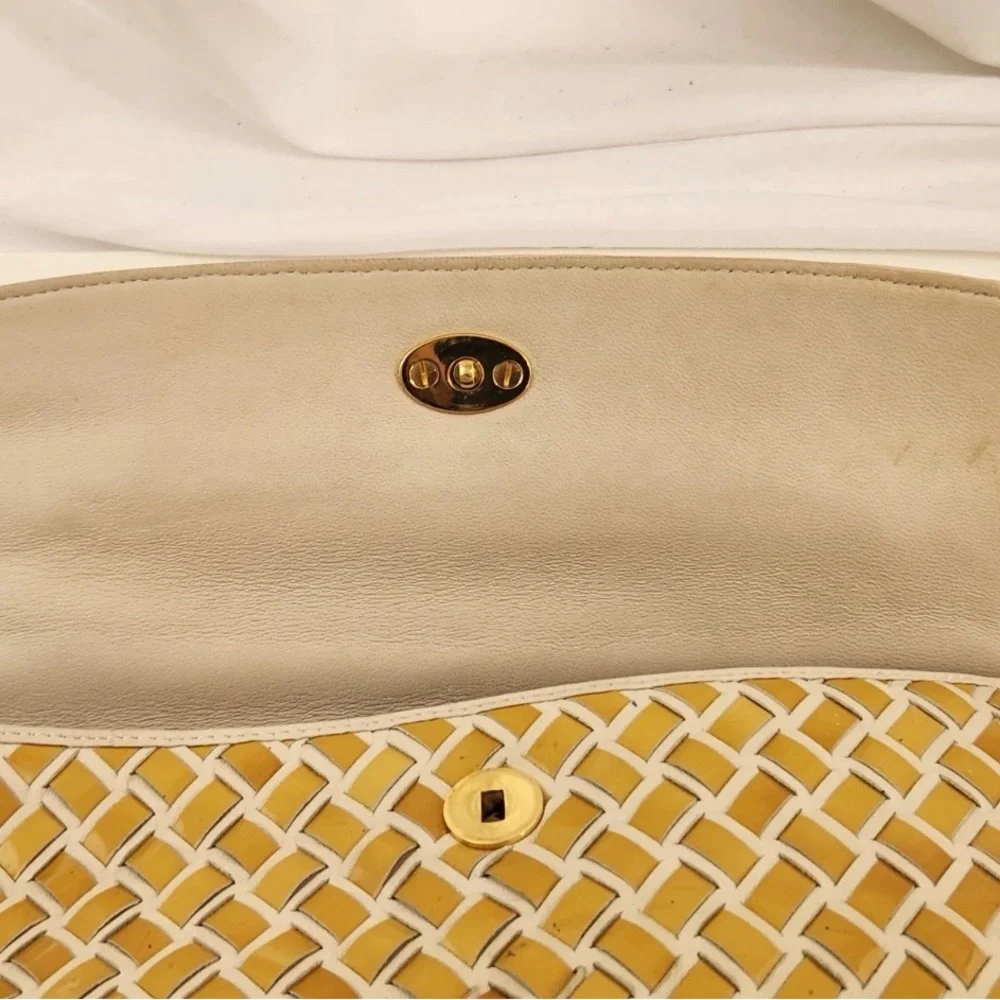 Bally Hand Bag Top Handle Braided Leather Purse Turn Lock Cream and Yellow - Picture 12 of 14